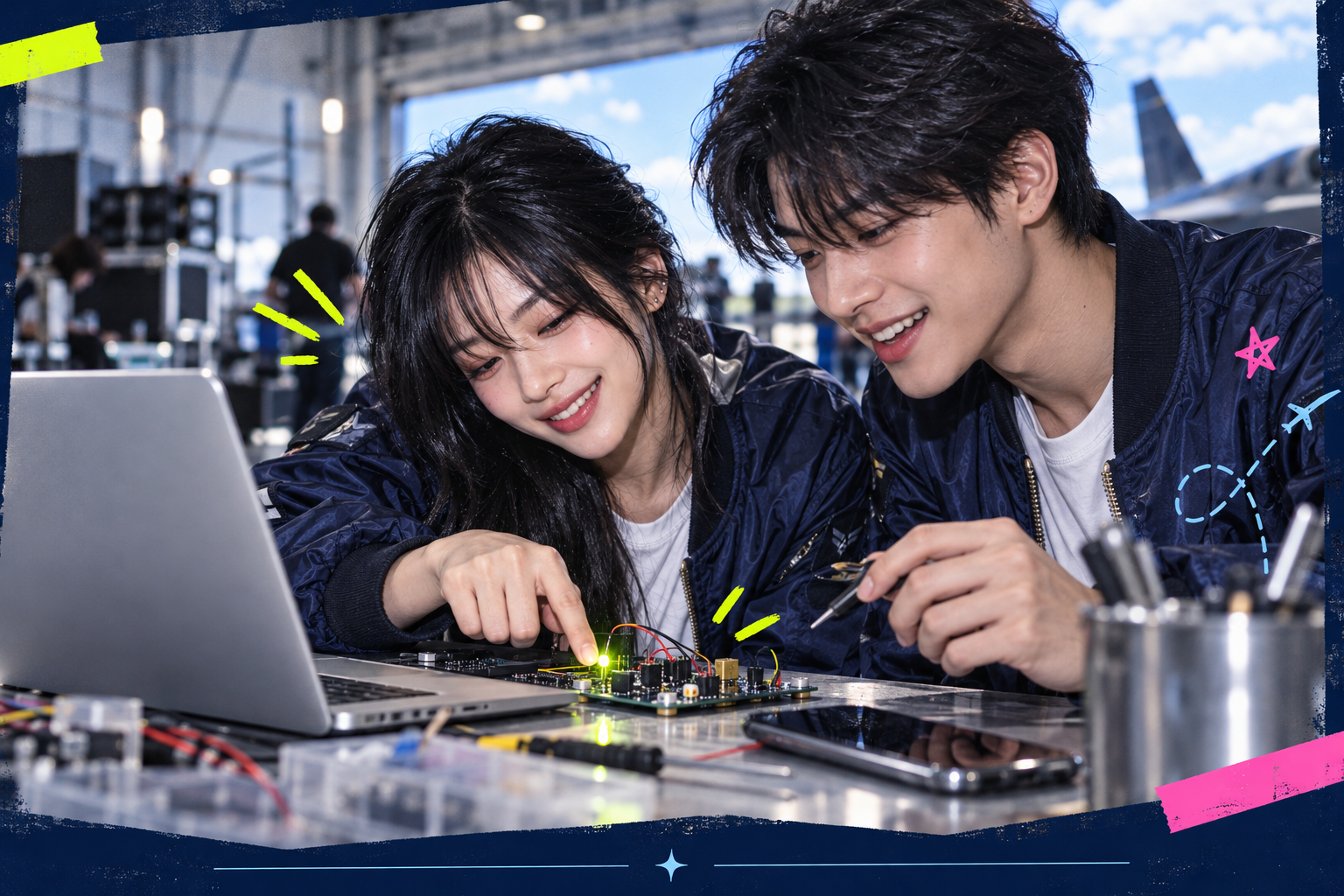 노트북과 전자회로 작품을 함께 살펴보는 메이커들의 포스터 무드 콘셉트 이미지